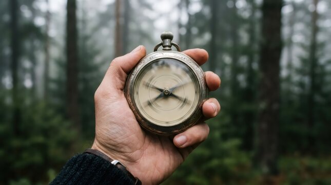 Man holding vintage antique compass in misty forest. Lost traveler searching for direction. Navigation tool, outdoor adventure, exploration concept. Wilderness trek, pathfinding.