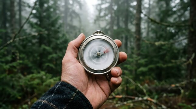 Man holding compass with spinning needle in foggy forest. Lost traveler searching for navigation direction in wilderness. Concept of uncertainty, exploration and adventure.