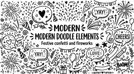 Naklejka premium Modern Party Doodle Elements Vector Set with Festive Confetti Fireworks Party Hats Speech Bubbles and Ribbons for New Year Birthday Graphic Layouts