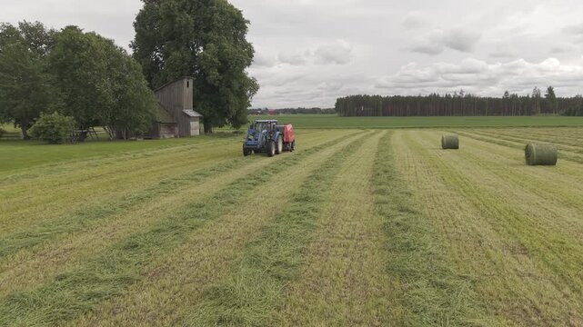 Blue tractor pulls a round baler producing a fresh hay bale in a rural field, with cut grass, forest background, and summer farming atmosphere.