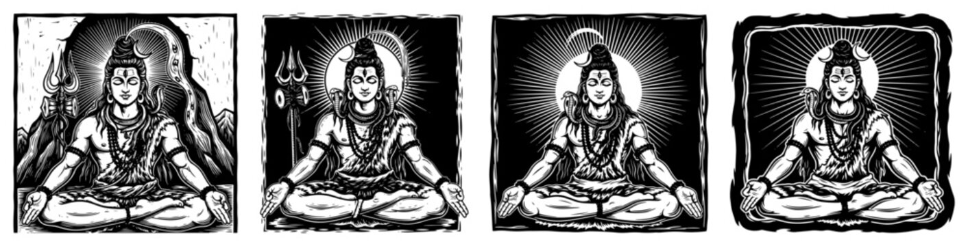 Lord Shiva meditating in dhyana pose panels in vintage woodcut engraving style