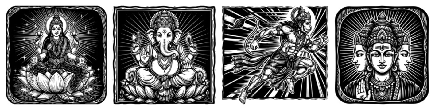 Hindu deities Lakshmi Ganesha Hanuman and Brahma panels in vintage woodcut engraving style