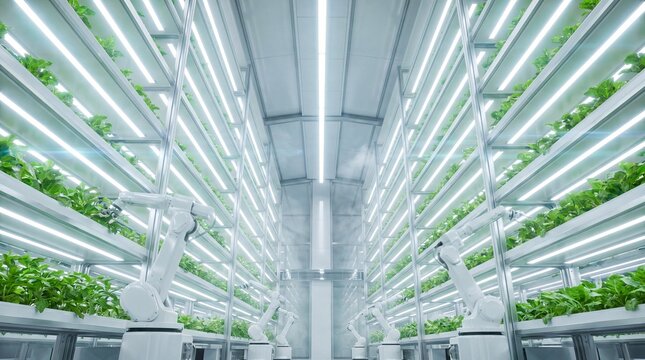 Automated robots tending plants in vertical farming facility with LED lights and mist