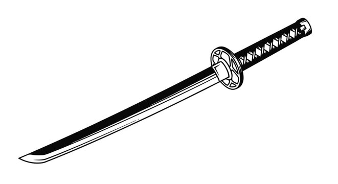 Vector illustration of black and white illustration of a traditional japanese katana sword on a transparent background