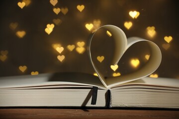 Obraz premium Open book with pages curved in heart shape on wooden table against background with blurred lights, closeup. Bokeh effect