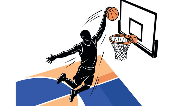 Basketball player silhouette dunking with hoop and court graphic illustration dunk net sports athletics competition
