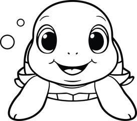 Obraz premium Cute Baby Sea Turtle Line Art Vector Illustration of Smiling Character with Water Bubbles for Kids Coloring Book Pages and Graphic Designs