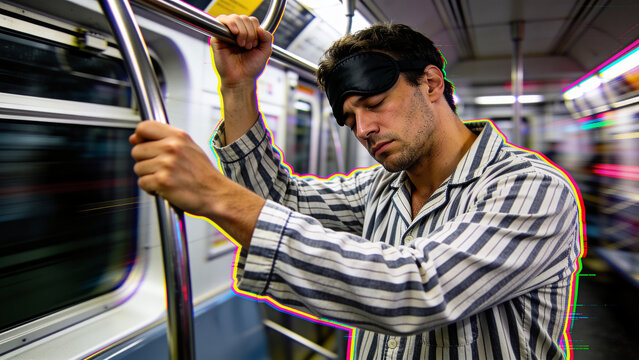 Adult Caucasian man in night pajamas sleeping standing in a subway train. Sleepwalking and night somnambulism concept
