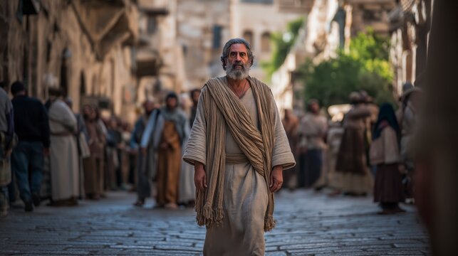 Isaiah walks humbly through Jerusalem despite the people's confusion, showing that truth often challenges society before it is finally understood.
