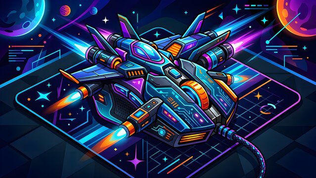 Neon futuristic space fighter on computer mousepad in cosmic setting