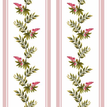 Seamless pattern with delicate watercolor floral garlands and pink stripes