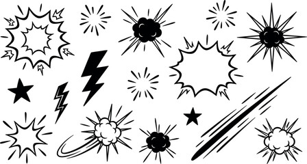 Hand Drawn Comic Book Explosion and Burst Element Set with Silhouette Stars Lightning Bolts and Speed Lines for Retro Pop Art Graphic Designs © Rashidul
