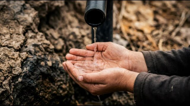 Man catching fresh water falling from pipe into cupped hand. Clean liquid drops for hydration and survival. Ecological scarcity concept in dry arid environment.