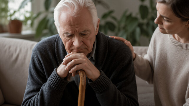 Woman caregiver comforting sad elderly man with memory loss. Senior grandfather holding cane looking confused. Mental health, dementia and psychological support for retired patient at home.