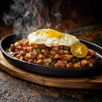 Delicious Sizzling Filipino Pork Sisig, a savory chopped pork dish, served on a hot cast iron platter with a fried egg and fresh calamansi