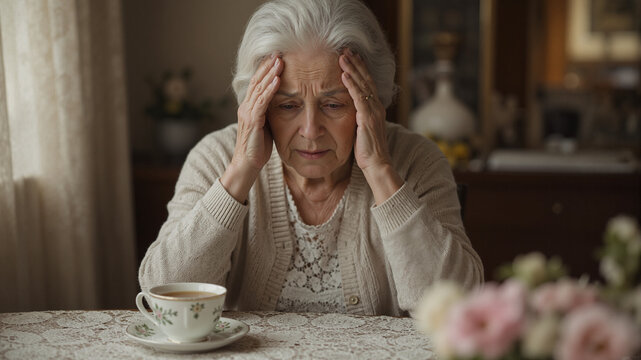 Senior woman with memory loss feeling stressed and confused while sitting at home. Elderly lady suffering from dementia or Alzheimer disease. Mental health awareness and aging concept.