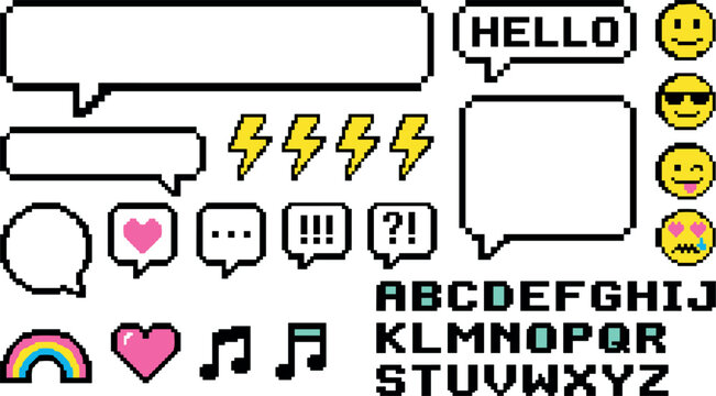 Pixel Art Retro Social Media and Chat Icon Set with Font Alphabet Blank Speech Bubbles Lightning Bolts Rainbow and Smiley Emojis for Graphic Designs