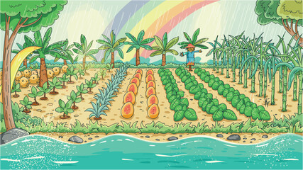 Naklejka premium A vibrant cartoon illustration depicts a tropical farm during a rainstorm