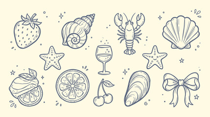 Set of cute hand drawn summer elements, marine life, fruits and drinks, vector illustration, doodle style collection of sea shells, lobster, starfish, lemon, strawberry, cherry and wine glass © Marjahan