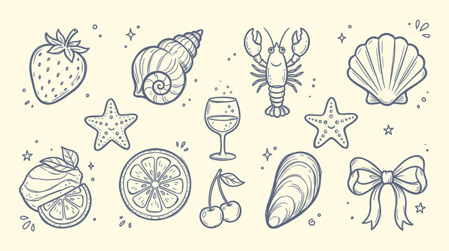 Set of cute hand drawn summer elements, marine life, fruits and drinks, vector illustration, doodle style collection of sea shells, lobster, starfish, lemon, strawberry, cherry and wine glass