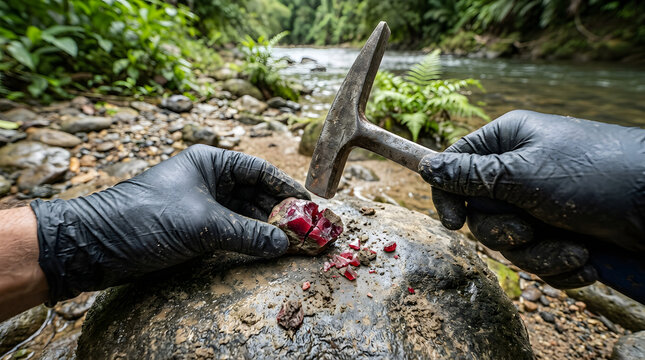 Geologist splitting rough red ruby gemstone with rock hammer during field prospecting at river
