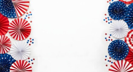 Obraz premium Close-up of overlapping red white and blue star confetti on white background minimal celebration pattern