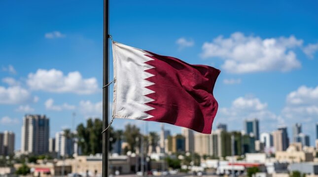 Qatar flag waving in doha cityscape