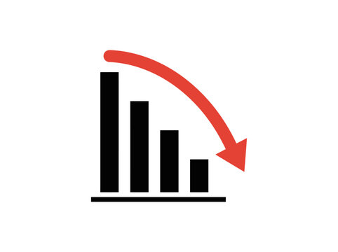 Declining business bar chart icon with red downward arrow indicating financial loss, economic recession, or decrease in sales