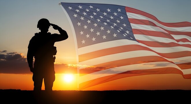 Man saluting American flag at sunset with patriotic silhouette and warm lighting