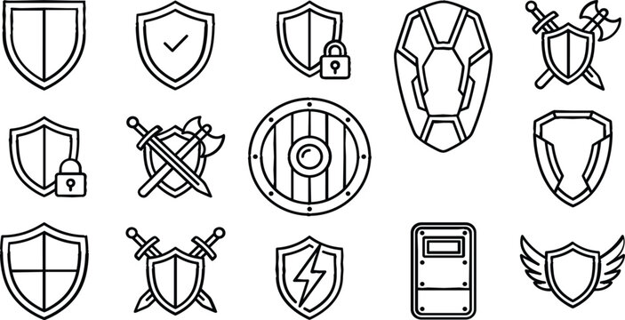 Security shield and medieval protection vector line icon set featuring crossed swords battle axe padlock lightning bolt wings round shield and tactical riot barrier