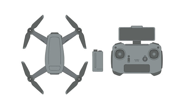 Grey drone with four propellers, remote controller with attached screen, and battery pack arranged for aerial photography and videography equipment setup on white background.