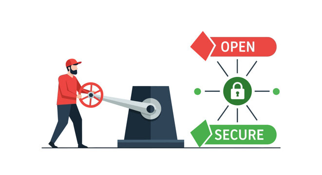 Cybersecurity and Data Protection Concept Illustration with Man Controlling Secure and Open Access