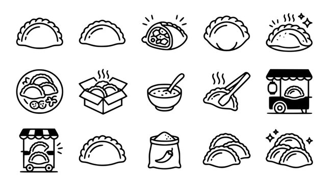 Traditional empanadas and curry puffs line icons set with pastry dough food stalls takeout boxes and dip sauce symbols vector