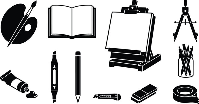 Art supplies and studio tool vector silhouettes set featuring easel palette paintbrush open book compass pencil marker paint tube knife and eraser