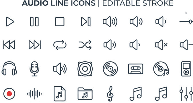 Audio line icons vector set with editable stroke featuring media player buttons volume controls microphone headphones speaker music notes vinyl and cassette tape symbols