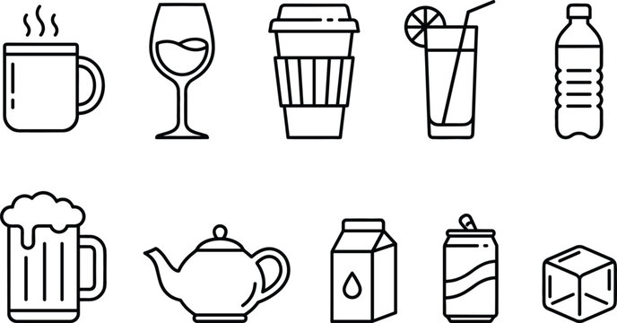 Beverage and drink outline icons vector set featuring coffee mug wine glass takeaway cup cocktail water bottle beer mug teapot milk carton soda can and ice cube