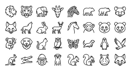 Wild animals and zoo pets outline icons set with lion tiger elephant giraffe panda koala and monkey faces vector © AlviAhmed