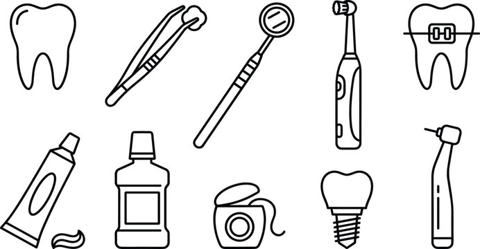 Dental care and oral hygiene vector line icon set featuring tooth dental mirror tweezers braces implant toothpaste mouthwash floss electric toothbrush and drill symbols