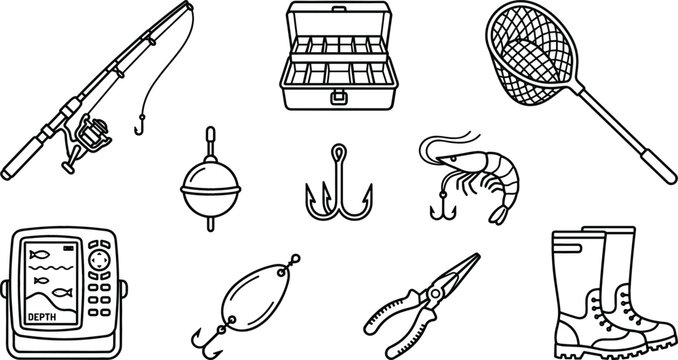 Fishing equipment and tackle vector line icon set featuring rod reel tackle box landing net bobber hook shrimp lure echo sounder pliers and boots