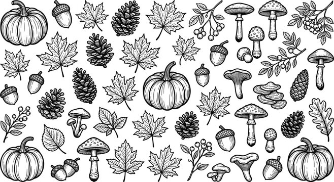 Autumn harvest and thanksgiving celebration vector elements with hand drawn pumpkins mushrooms maple leaves acorns and pinecones