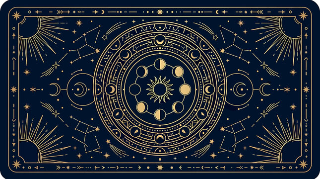 Celestial tarot card back design with moon phases, suns, stars, and constellations in a mystical, esoteric, and occult gold line art style transparent background