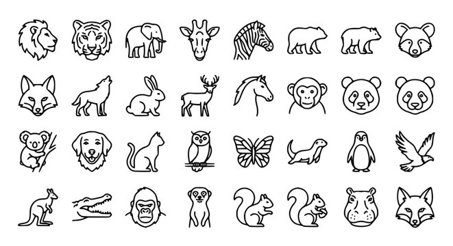 Wild animals and zoo pets outline icons set with lion tiger elephant giraffe panda koala and monkey faces vector