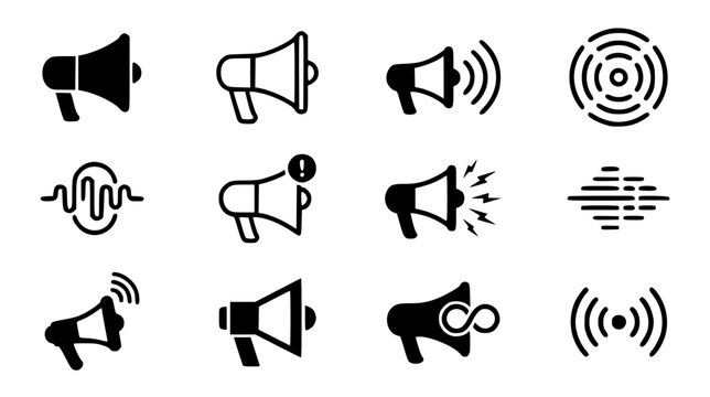 Megaphone and sound wave icons set with loudspeaker alert marketing announcement and audio frequency symbols vector