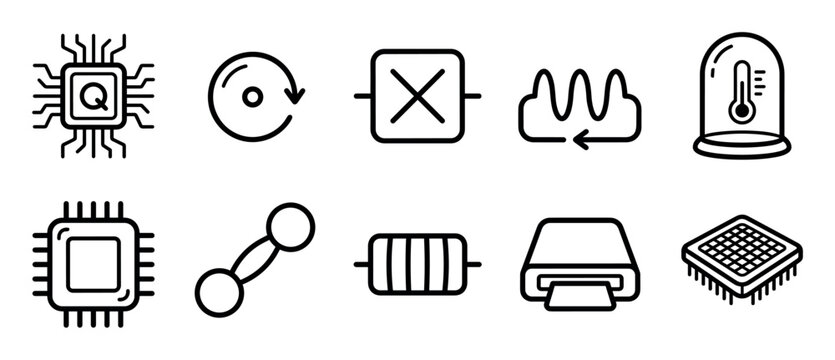 Quantum computing and electronics technology icons set featuring a processor, qubit, circuit elements, and scientific symbols in a minimalist outline style
