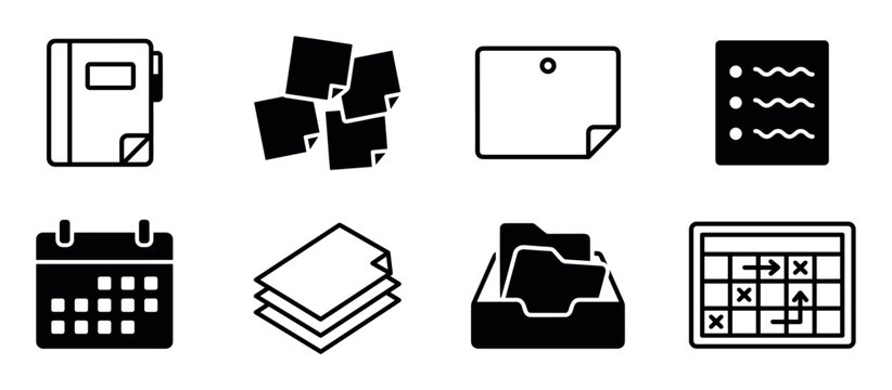 Set of eight black office icons for planning and organization, including a notebook, calendar, folder, and schedule, presented in a clean minimalist graphic style
