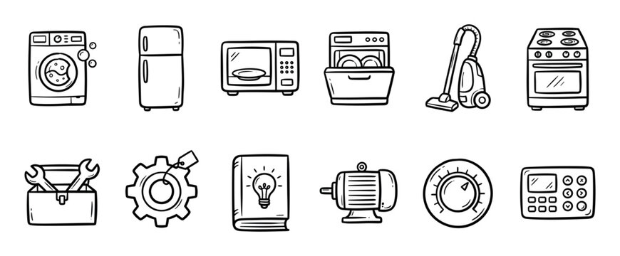 Hand-drawn doodle icon set of home appliances and repair tools for maintenance service, including a washing machine, refrigerator, microwave, and spare parts in a simple line art style