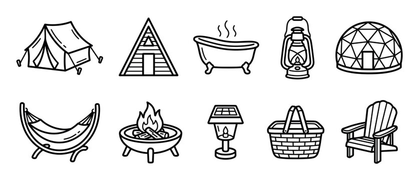 Set of black line art icons for glamping and camping featuring a tent, A-frame cabin, geodesic dome, fire pit, hammock, lantern, and picnic basket in a minimalist style