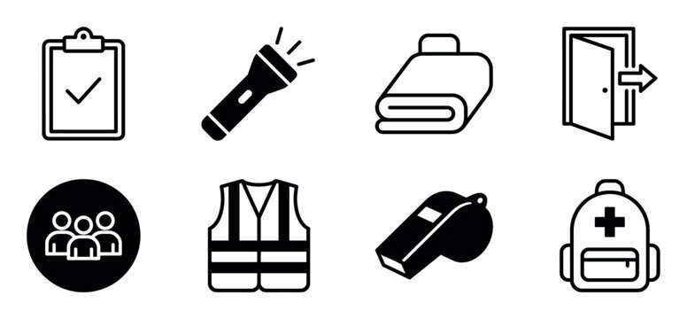 Set of black emergency evacuation icons showing a checklist, flashlight, safety vest, whistle, and first aid kit for disaster preparedness and response procedures