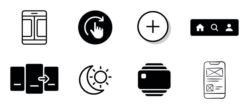 Diverse set of black user interface icons for web and mobile app design, featuring minimalist glyphs for navigation, refresh, theme toggle, wireframing, and smartwatch apps