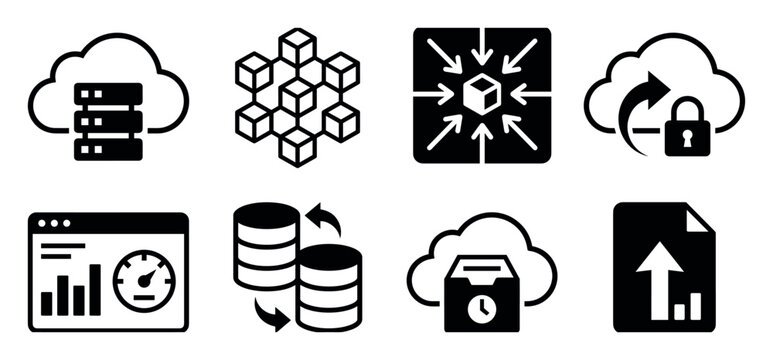 Collection of black glyph icons representing data management, cloud computing, blockchain technology, secure server hosting, and performance analytics for web development